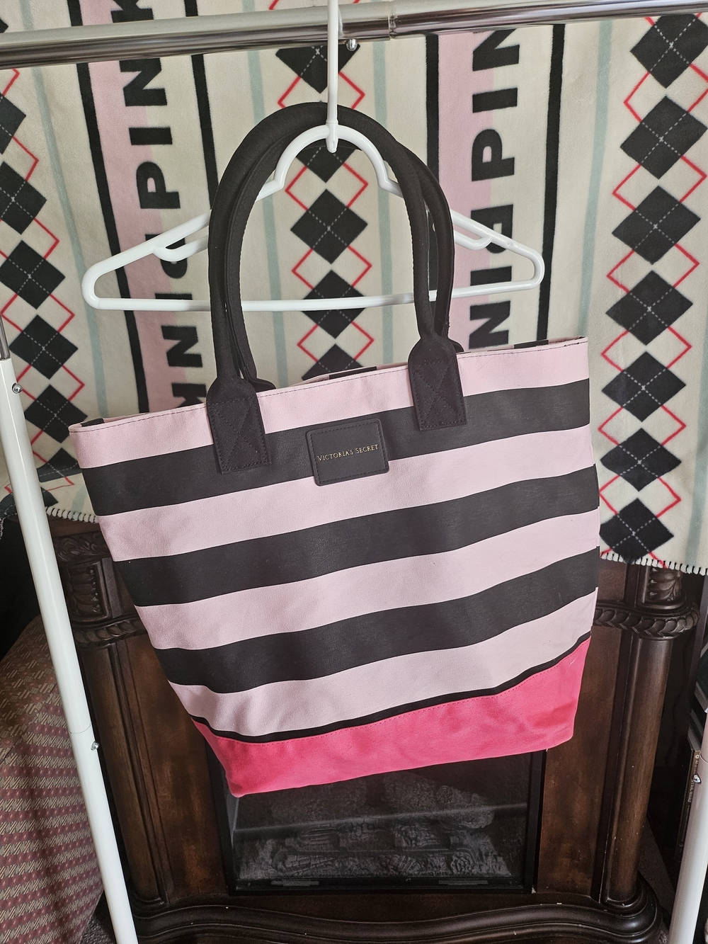 Victoria's Secret Pink and Black Striped Canvas Tote